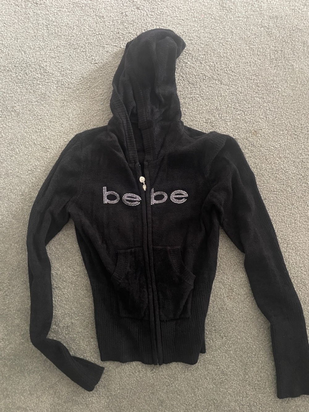 bebe Black Rhinestone Logo Hoodie Sweater